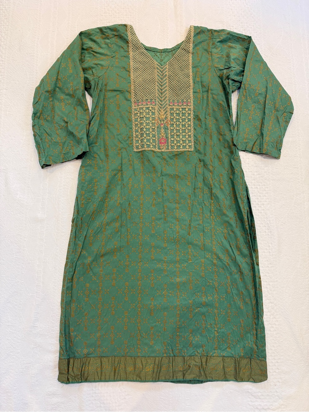 Green Embroidered Kurti Kurta Tunics Long Dress With Gold Foil Print Women’s L